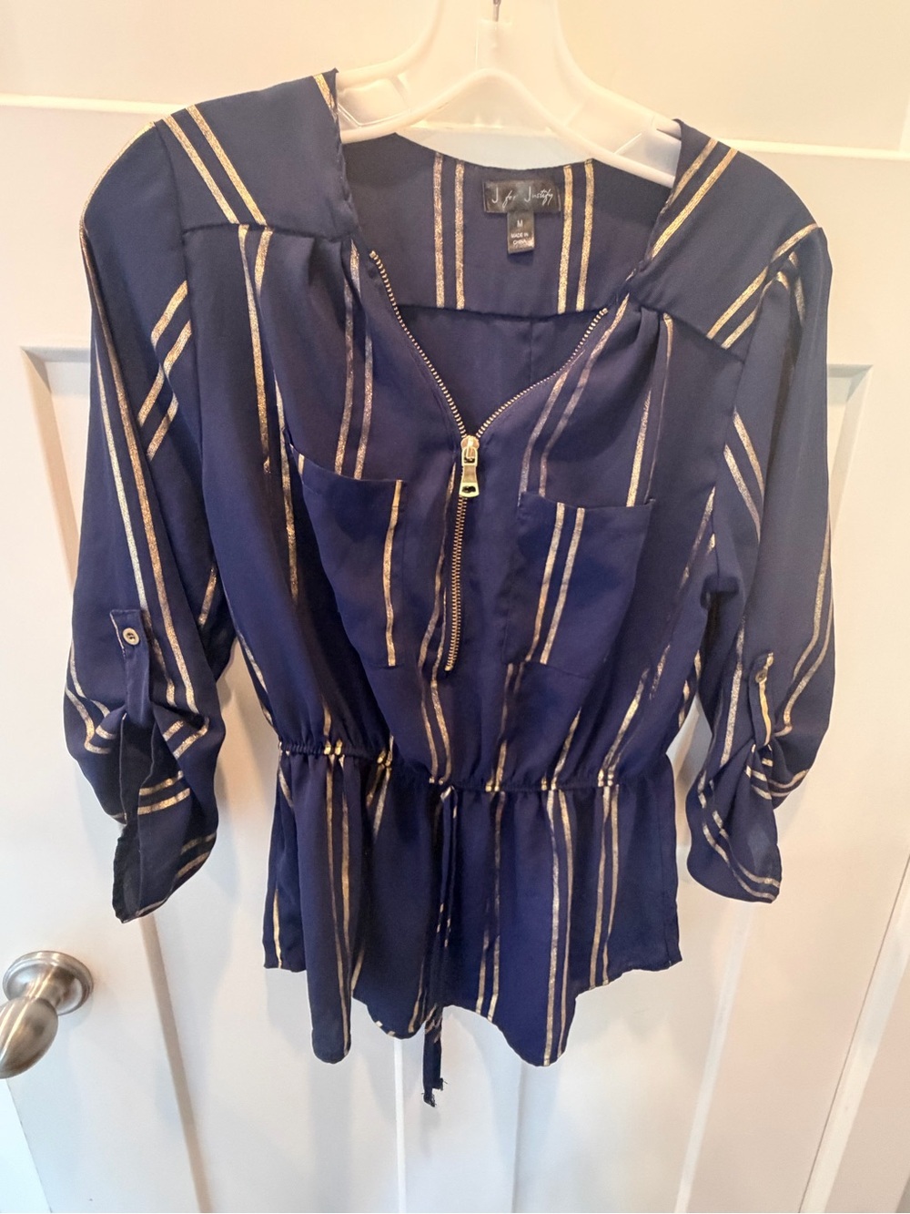 J for Justify Navy Blue Gold Stripe Zip Front Peplum Blouse Top Medium